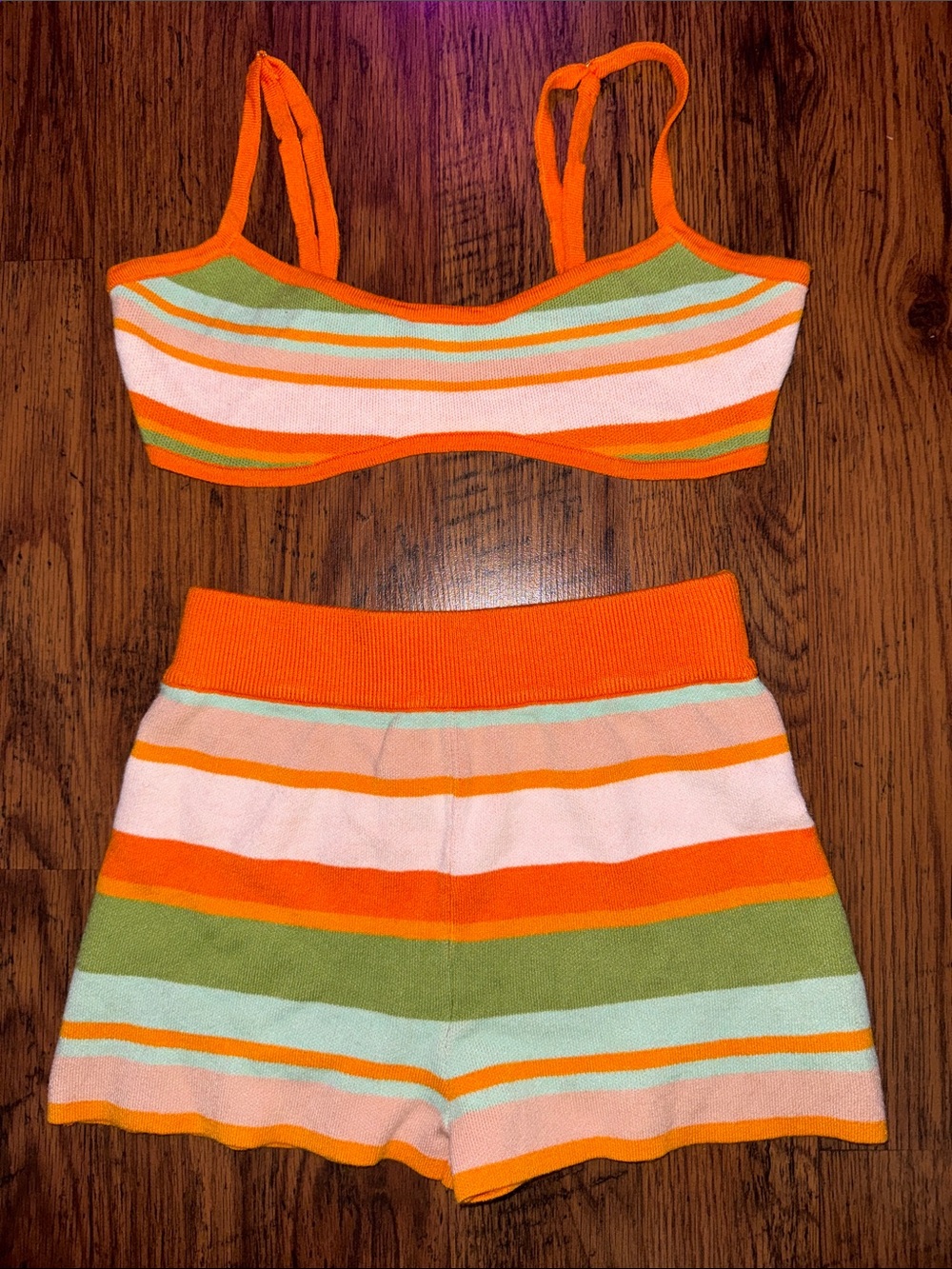 Peppermayo Orange & Pastel Striped Knit Bralette + Shorts Set